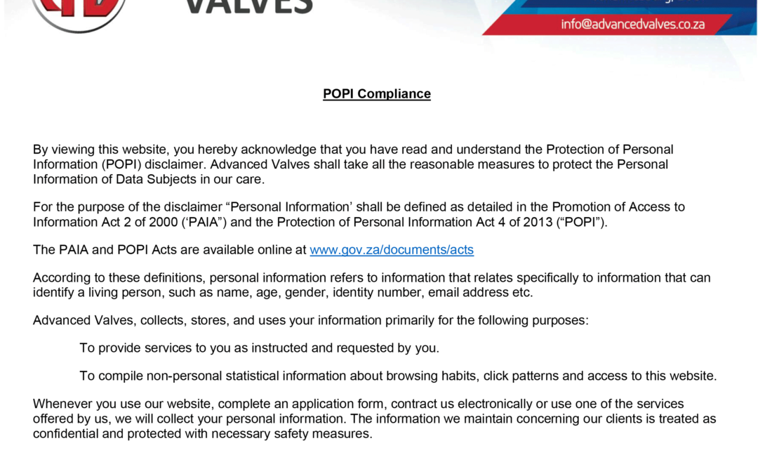 Advanced Valves takes POPIA Compliance seriously