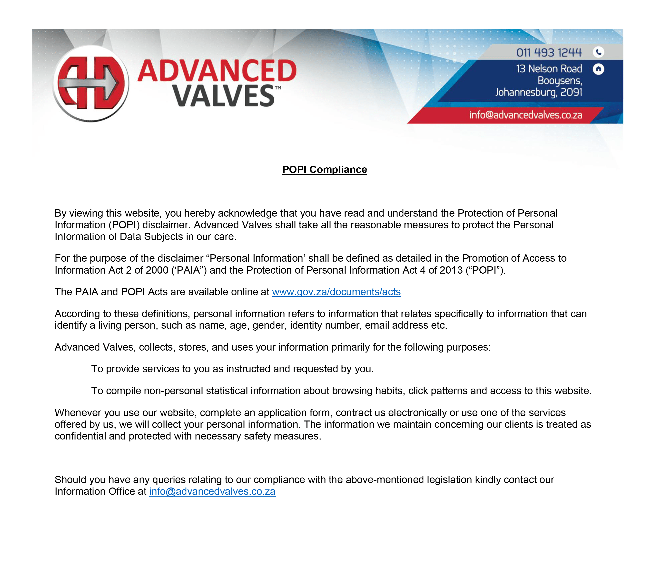 Advanced Valves POPIA compliance